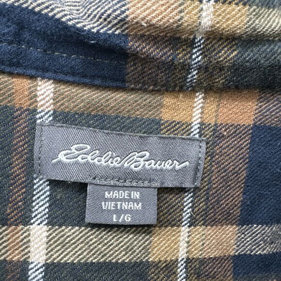 Eddie Bauer Shirt Mens Large Flannel Brown Blue Plaid Cotton Button Up Outdoor - Picture 2 of 9